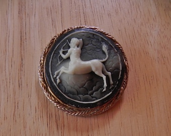 Molded Cameo Brooch Mythological Centaur Figure Gold Tone And Faux Soapstone Cameo Half Man Half Horse