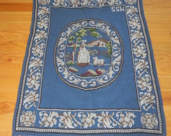 Rug Wall Hanging Blue Crocheted Fringed With Cross Stitch Country Scene