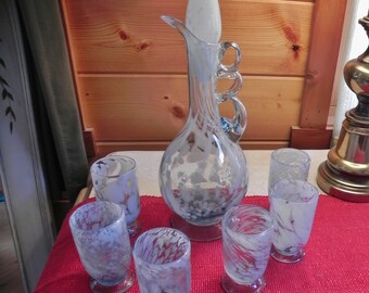 Decanter Set - Hand Blown MURANO Glass Decanter set - Blue White Speckled / Dripped / Swirled