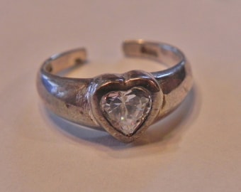 Baby Ring - 925 - Sterling Silver  - Heart with Diamond/Glass - Antique