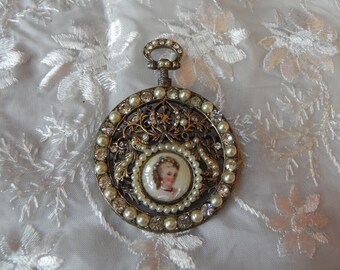 Cameo Pendant Brooch, Limoges Of France, Pearl & Rhinestone (Faux?), Edwardian Jewelry, Romantic