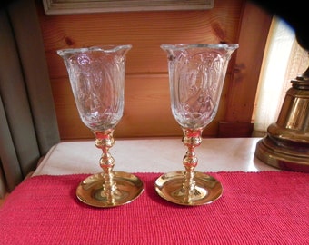 Candle Holders - Brass Baldwin Candlestick holders & Thick Glass Votives With Emblossed Angels (Homco)