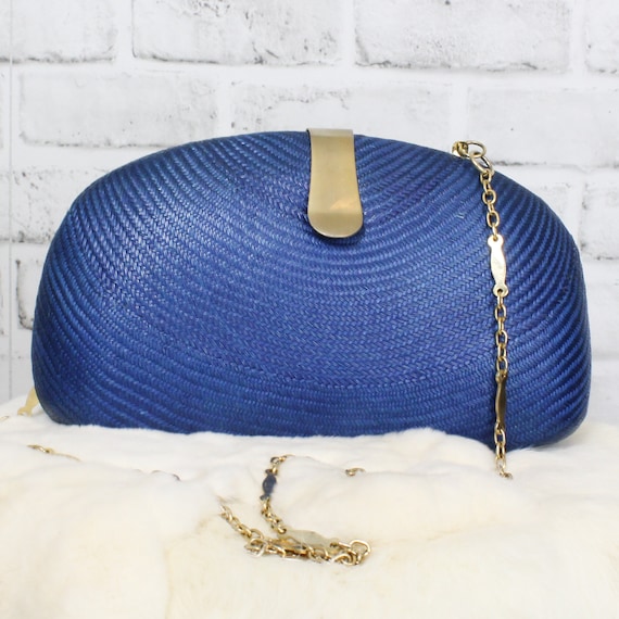 Blue Woven Natural Fiber Clamshell With Brass Fit… - image 1