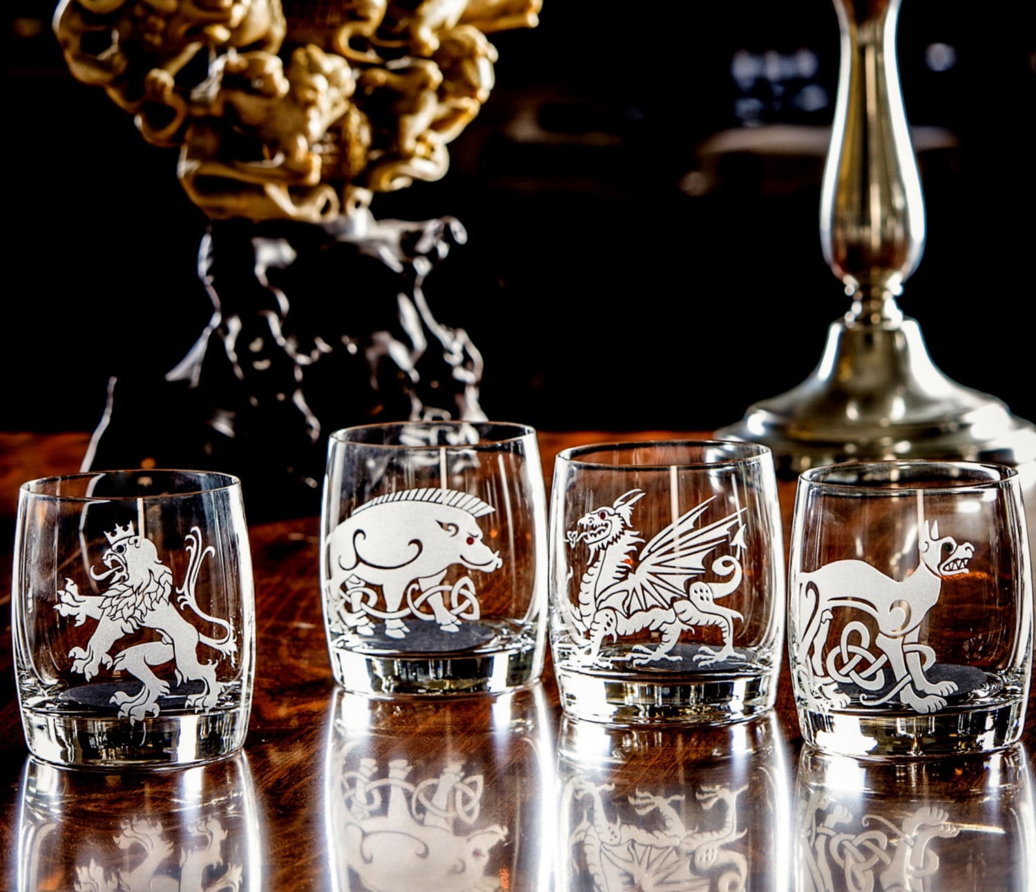 Medieval Animals Elegantly Sand Engraved Whiskey Glasses Scottish Lion