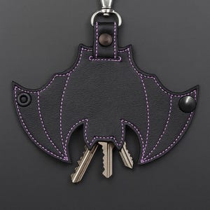 Goth Bat Keychain Pouch: Black Vinyl Key Sleeve, Custom Thread