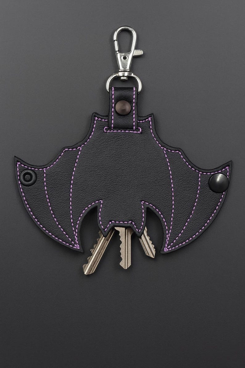 Goth Bat Keychain Pouch: Black Vinyl Key Sleeve, Custom Thread