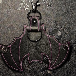 Goth Bat Keychain Pouch: Black Vinyl Key Sleeve, Custom Thread