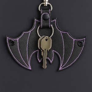 Goth Bat Keychain Pouch: Black Vinyl Key Sleeve, Custom Thread