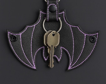 Goth Bat Keychain Pouch: Black Vinyl Key Sleeve, Custom Thread