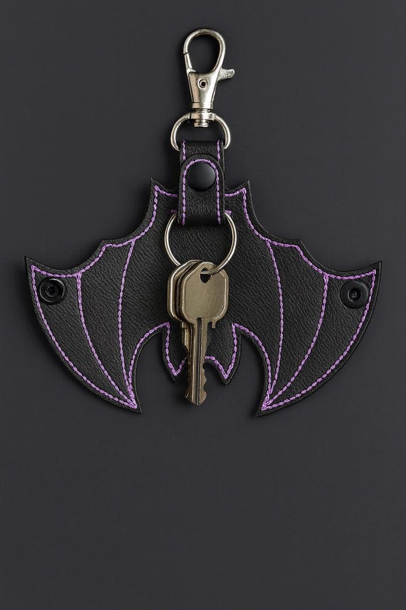 Goth Bat Keychain Pouch: Black Vinyl Key Sleeve, Custom Thread