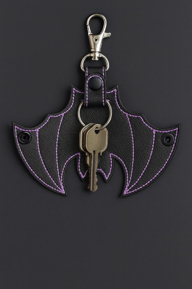 Goth Bat Keychain Pouch: Black Vinyl Key Sleeve, Custom Thread