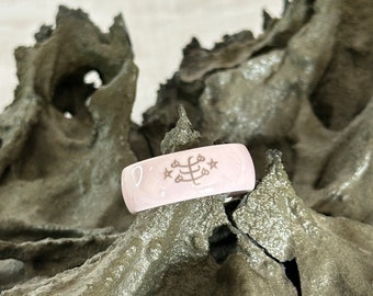 Pink ceramic Joy and Love Baha'i Ringstone symbol band ring