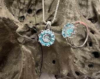 Sky blue Topaz and Apatite silver 9 pointed Star KaleidosCut Glenn Lehrer collaboration - Baha'i ring and pendant