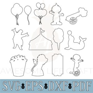 May include: A collection of black and white digital line art silhouettes featuring circus-themed icons including balloons, a cannon, a tent, a seal, popcorn, a lion, and a performer on a unicycle. The text AWESOME LIFE CRAFT and SVG EPS DXF PDF appear.