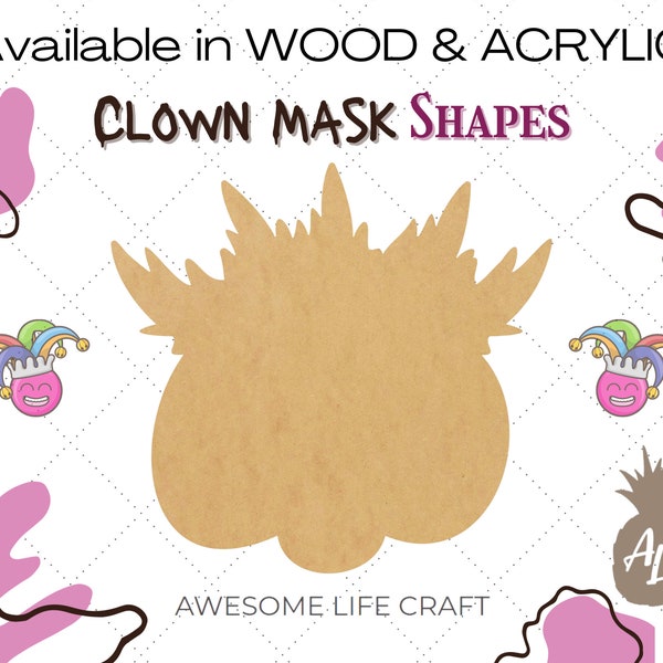 Clown Mask Wooden Cutout, Unfinished Halloween Craft Shape, Halloween Acrylic Shape, Glitter Acrylic Cutout