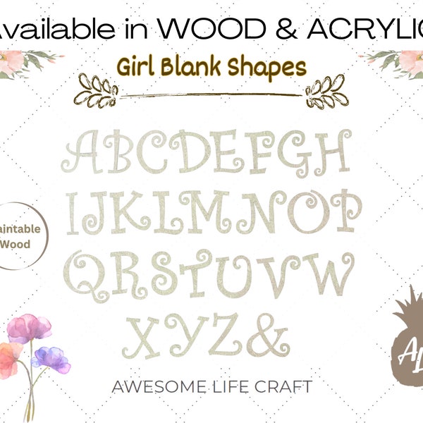 Wooden Curlz Craft Letters, MDF Cheap Paintable Wood Letters, Girl Blank Shapes, ABC Alphabet Set Wood A-Z, Nursery Room Letter Set A to Z