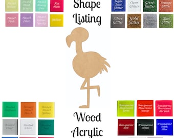 May include: A wooden flamingo cutout with a variety of color options for the material. The colors include lavender, ivory, coral, purple, pastel yellow, mint green, honey dew, hot pink, pastel pink, lilac, cotton candy, yellow, dark blue glitter, rose gold glitter, pink glitter, red glitter, light blue glitter, clear glitter, green glitter, orange glitter, silver glitter, gold glitter, silver iridescent glitter, kiwi glitter, frosted seafoam, frosted pastel peach, frosted pastel yellow, frosted clear, frosted white, frosted teal, frosted pastel blue, frosted pastel pink, frosted melon, transparent fluorescent green, transparent fluorescent orange, transparent fluorescent hot pink, transparent red, transparent black, transparent dark blue, clear, transparent purple. The image also includes the text "Custom Shape Listing", "Wood Acrylic Fast Shipping!"