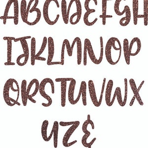 May include: A set of uppercase letters and a dollar sign in a sparkly copper-colored font. The letters are stylized and have a handwritten look.