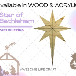 May include: A wooden star of Bethlehem with a geometric design. The star is light brown and has a pointed tip. The text "Available in WOOD & ACRYLIC" is at the top of the image. The text "Star of Bethlehem" is below the star. The text "FAST SHIPPING" is below the text "Star of Bethlehem". The text "AWESOME-LIFE CRAFT" is at the bottom of the image.