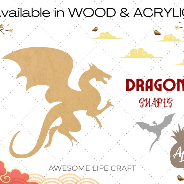 Wood Dragon Flying Cutout, Unfinished Real Wooden Craft, Dragon Acrylic Shape, Glitter Acrylic Cutout