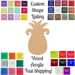 May include: A wooden pineapple shape cutout with a variety of color options for customization. The colors include: lavender, ivory, coral, purple, yellow, mint, honey dew, hot pink, pink, lilac, cotton candy, yellow, seafoam, peach, yellow, clear, white, teal, blue, pink, melon, dark blue glitter, rose gold glitter, pink glitter, red glitter, light blue glitter, clear glitter, green glitter, orange glitter, silver glitter, gold glitter, iridescent glitter, kiwi glitter, fluorescent green, fluorescent orange, fluorescent hot pink, red, black, dark blue, clear, purple.