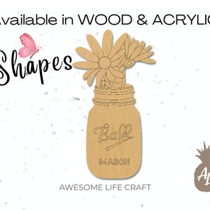 Floral Mason Jar Craft Cutout, Unfinished Wooden Jar DIY