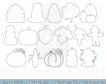 May include: A collection of black and white digital outlines featuring autumn-themed shapes including pumpkins, leaves, an acorn, corn, a scarecrow, and a pilgrim hat. The text AWESOME LIFE CRAFT and SVG EPS DXF PDF with pineapple icons are visible.