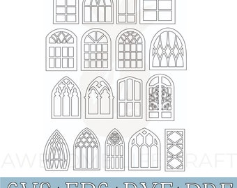 May include: A set of 16 black and white window frame SVG cut files. The frames are in various styles, including arched, gothic, and rectangular.