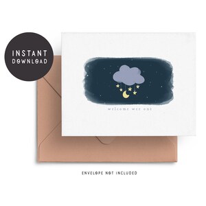 Novo cartão de bebê para impressão, cartão de lua e estrelas para bebê, cartão de boas-vindas Wee One, cartão de boas-vindas para bebê