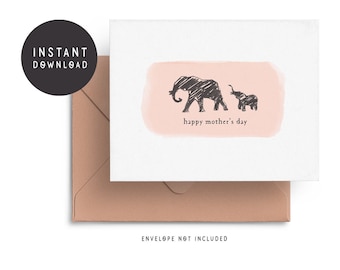 Printable Mother Elephant Card, Happy Mother's Day Card, Watercolor and Illustration Card