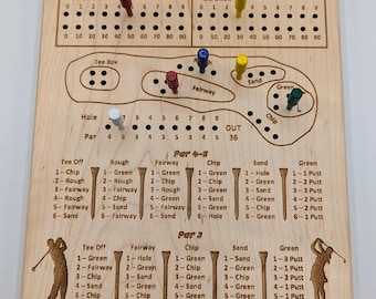 May include: Wooden golf dice game board with etched details and colorful pegs. The board features areas for strokes, holes, and dice rolls, with the word "FORE!" at the top. Includes dice.