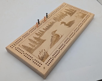 Solid Pine Loon Scene Rectangular Cribbage board