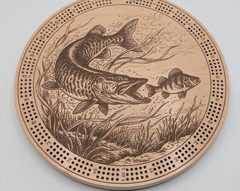 Maple Round Musky Scene Three Track Cribbage Board