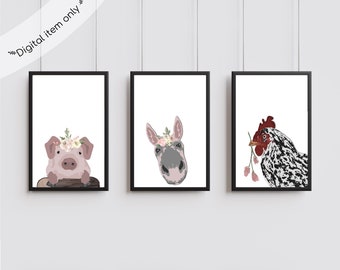 Farm Animal Digital Prints/ Wall Art/ Printable Farm Animal/ Set of 3 Prints / Farm Nursery Decor / Farm Nursery Wall Art/ Kids Room Decor