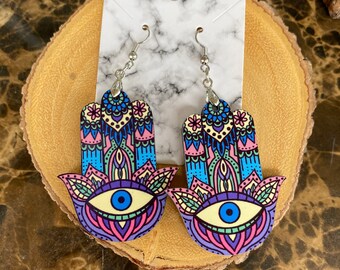 Hamsa hand earrings, evil eye earrings, hand painted, dangle earrings.