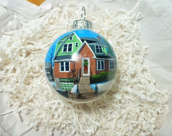 Custom Home Portrait Ornament, Hand-Painted Glass Ball, Personalized Gift