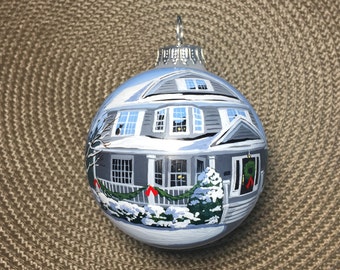 Custom Home Portrait Ornament, Hand-Painted Glass, Personalized Keepsake