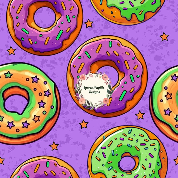 Halloween gruselige Donuts nahtlose Designdatei für Stoffdruck und Sublimation. Lila und grün mit lila Hintergrund Donuts