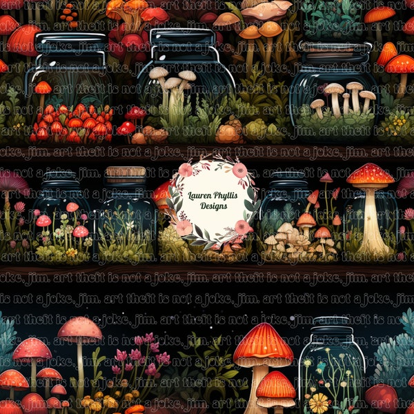 Mushrooms in jars on a shelf seamless file design for fabric printing, whimsical mushrooms with jars, night mushrooms repeating pattern