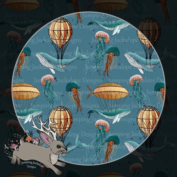 Whales and Jellyfish with hot air balloons steam punk boho seamless design digital download, sea animals surface pattern hand drawn repeat