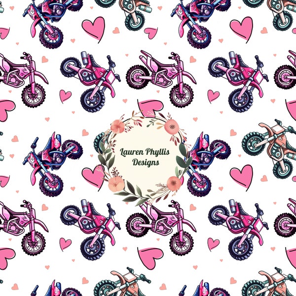 Pink Valentine dirt bikes for girls seamless file design for printing, digital paper and sublimation. Dirt bike girl pink bike digital file