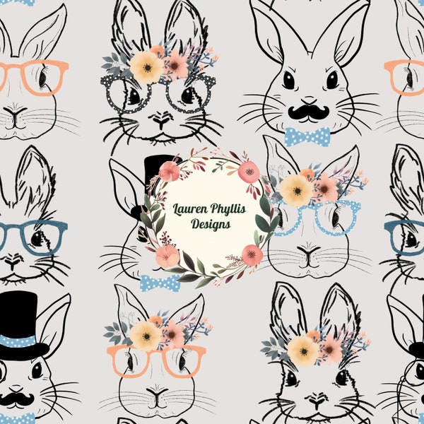 Many bunnies in different outfits Easter bunny spring seamless pattern digital download