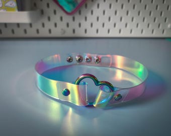 Heart Iridescent PCV Choker Necklace with Rainbow Heart O Ring
