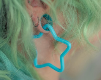 Neon Blue Star Hanger Earrings for Stratched Ears, Guages and Plugs