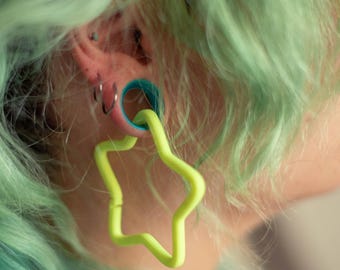 Neon Yellow Star Hanger Earrings for Stratched Ears, Guages and Plugs