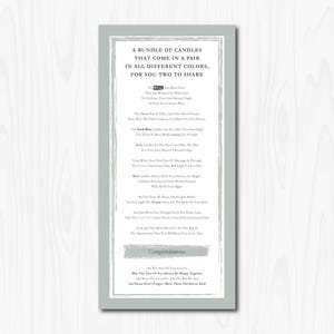 Puede incluir: Una tarjeta con fondo verde y texto blanco. El texto dice "Un paquete de velas que vienen en pareja en todos los colores diferentes, para que ustedes dos las compartan." La tarjeta también incluye una lista de velas de diferentes colores y sus significados. La tarjeta termina con la palabra "Felicidades."