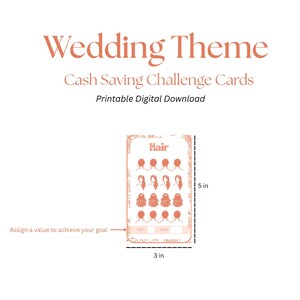 May include: A printable digital download card for a wedding theme. The card is 3 inches wide and 5 inches tall. The card has the word "Hair" at the top and illustrations of hairstyles. The text "Assign a value to achieve your goal" is also present.