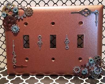 Industrial Steampunk triple switch cover. Made from assorted recycled materials. please read description section.