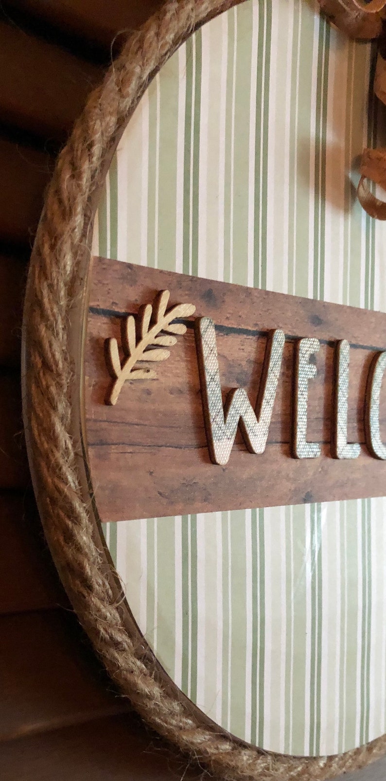 Mint green multi stripe Fall Welcome pumpkin sign if you have a metal door it can be hung w magnets. Super lightweight