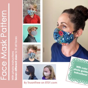 May include: A digital download pattern for a contoured face mask with photo instructions. The pattern includes seven different sizes to fit all faces. The image shows a variety of people wearing the masks.